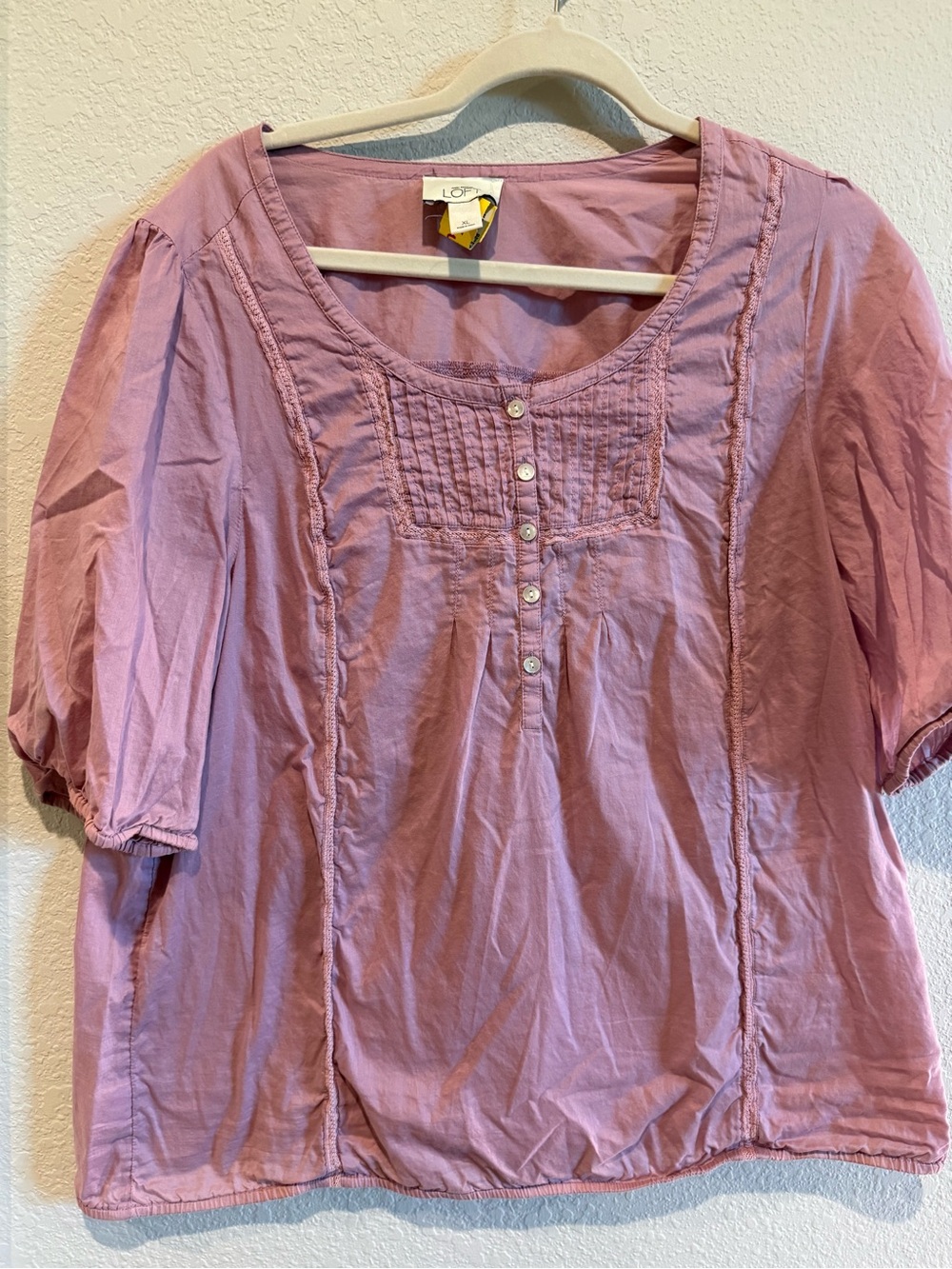 LOFT Mauve Pintuck Lace Trim Puff Sleeve Boho Blouse - Size XL